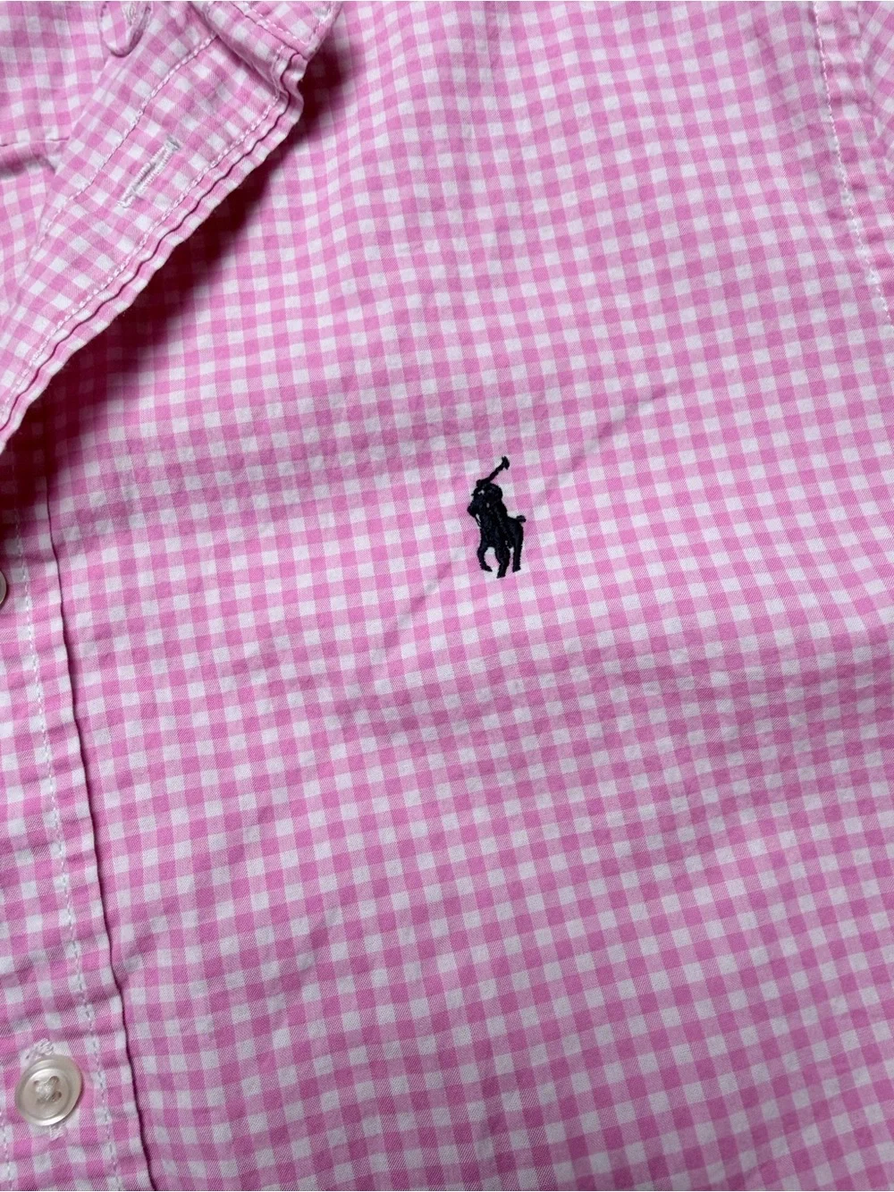 Ralph Lauren Pink Gingham Short-Sleeve Button-Down Shirt with Navy Pony
